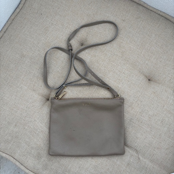 Cuyana Taupe Pebbled Leather Monogrammed Crossbody Bag